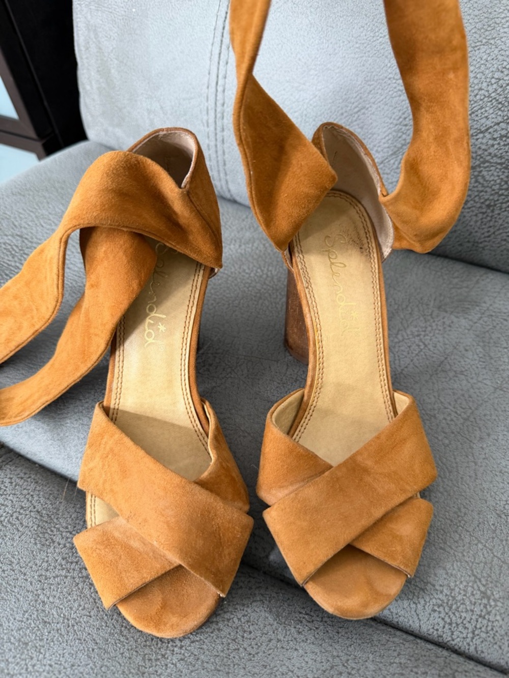 Splendid Suede Wrap-Heel Sandals in Camel